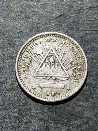 1880 H Nicaragua Silver 5 Centavos Coin