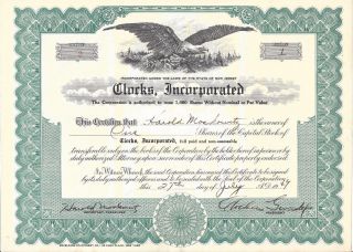 Clocks Incorporated.  1949 Common Stock Certificate