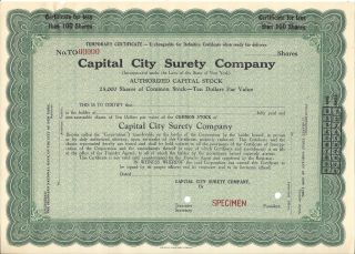 Capital City Surety Company.  Abn " Specimen " Common Stock Certificate