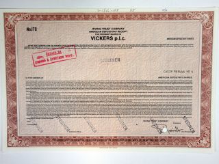 Uk.  Vickers Plc,  1985 Odd Shrs Adr Specimen Certificate,  Xf Abnc