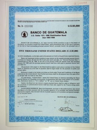 Banco De Guattemala,  1989 $5,  000 Specimen 10 Coupon Bond,  Xf - Blue