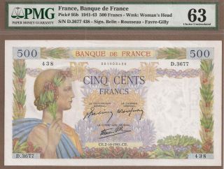 France: 500 Francs Banknote,  (unc Pmg63),  P - 95b,  02.  10.  1941,