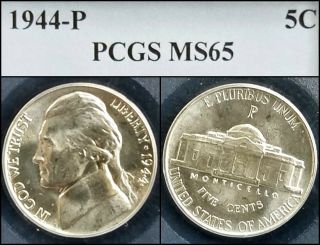 1944 - P Silver 5c Jefferson War Nickel Pcgs Ms65 Nickle Five Cent Gem Unc Bu Coin