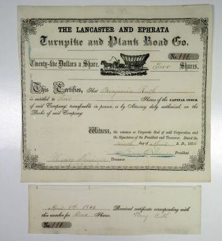 Pa.  Lancaster & Ephrata Turnpike & Plank Road Co. ,  1856 5 Shrs I/u Stock Cert