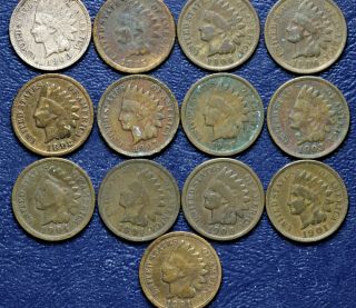 13 - Indian Head Cents 1885,  1891,  1892,  1900,  1901 - 2,  1903 - 2,  1904,  1906 - 2,  1907 - 2