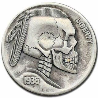 Hobo Nickel Coin 1936 Buffalo Skull Tooth Gold Hand Engraved Gediminas Palsis