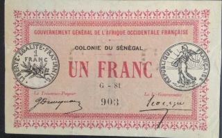 Senegal 1 One Franc Unc P 2 1917 E 7 French Colony Emergency Ww1 Wwi Pmg 100