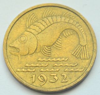 Poland Germany Danzig 10 Pfennig 1932 Fish Interesting Brass Coin