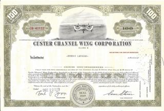 Custer Channel Wing Corporation.  1967 Common Stock Certificate