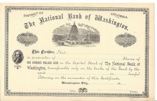 The National Bank Of Washington.  Unissued Common Stock Certificate
