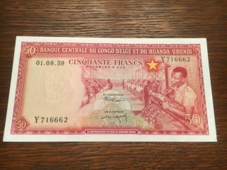 Paper Money Africa 50 Francs Belgian Congo 1959 Exceptionnel Unc - Fdc