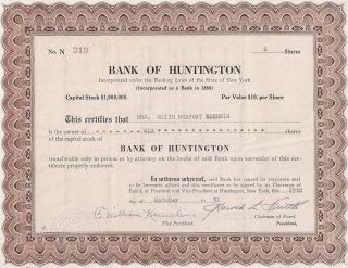 Bank Of Huntington (long Island,  Ny).  1957 Common Stock Certificate