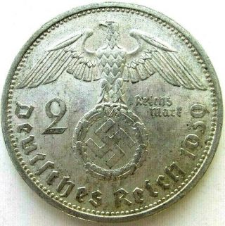 Germany Coins,  2 Reichsmark 1939,  Hindenburg,  Third Reich,  Silver 0.  625