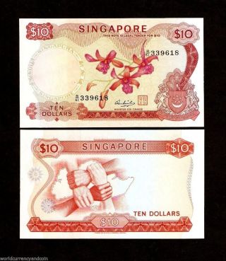 Singapore 10 Dollars P3 D 1973 Boat Orchid Unc Paper Money Bill Asean Bank Note