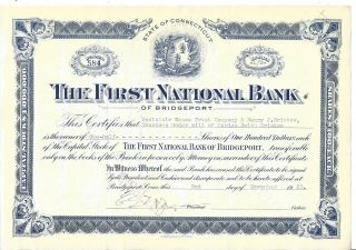 The First National Bank Of Bridgeport.  1923 Common Stock Certificate