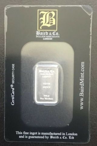 Baird & Co.  1/10 Oz.  999 Fine Rhodium Bar.  Assay Card.  Precious Metal