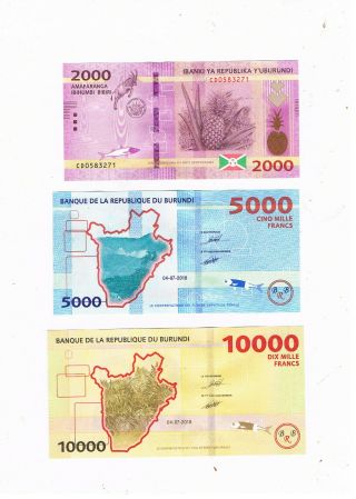 BURUNDI 2018 SET 2000,  5000,  10000 FRANCS UNC 2