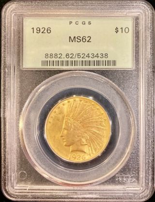 1926 $10 American Gold Eagle Indian Head Ms62 Pcgs Og Green Slab Lustrous Coin