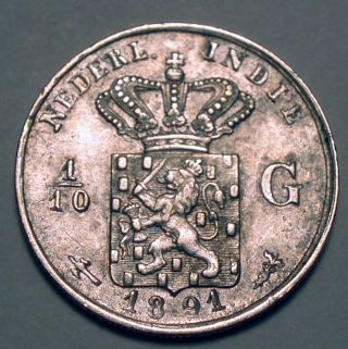 Netherlands East Indies 1/10 Gulden 1891 Silver K1.  4