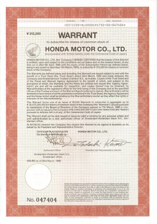 Honda Motor Co.  1989 Japan Warrant Stock Certificate