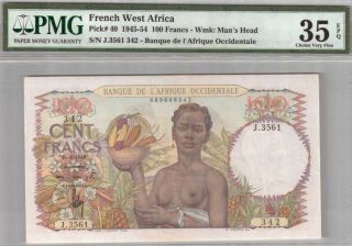 559 - 0103 French West Africa | Occidentale,  100 Francs,  1945 - 54,  Pmg 35 C.  Vf