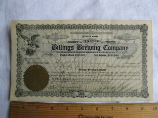 Antique 1912 Billings Brewing Company Stock Certificate Montana Beer