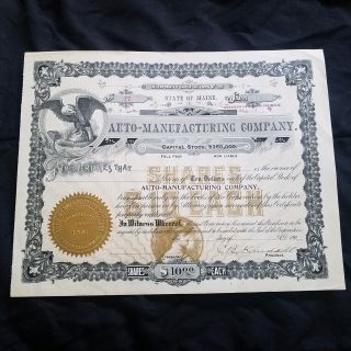 1901 The Auto Manufacturing Company Stock Certificate State Of Maine