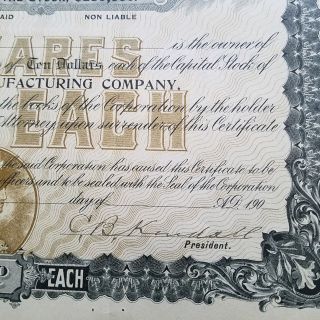 1901 The Auto Manufacturing Company Stock Certificate State of Maine 2
