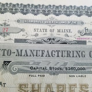 1901 The Auto Manufacturing Company Stock Certificate State of Maine 3