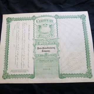 1901 The Auto Manufacturing Company Stock Certificate State of Maine 5