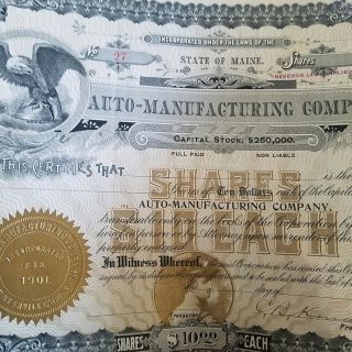 1901 The Auto Manufacturing Company Stock Certificate State of Maine 6