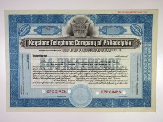 Keystone Telephone Co.  Of Philadelphia,  1930s 100 Shrs Specimen Stock Cert,  Xf