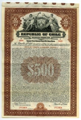 Republic Of Chile,  1921 $500 Specimen 8 Gold Coupon Bond,  Vf Abnc
