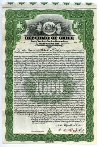 Republic Of Chile,  1922 $1,  000 Specimen 7 Gold Coupon Bond,  Vf Abnc