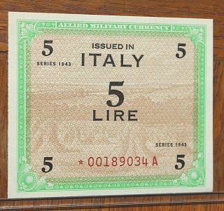 Ww2 1943 Allied Military Currency Italy 5 Lire Replacement Note 537a