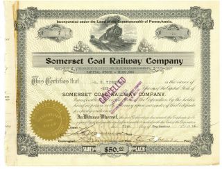 Somerset Coal Railway Company.  Stock Certificate 1916