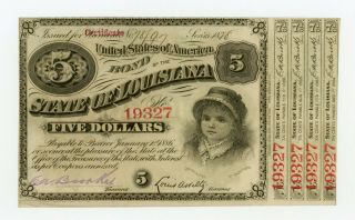 1878 $5 The State Of Louisiana Baby Bond W/ 4 Coupons Au,