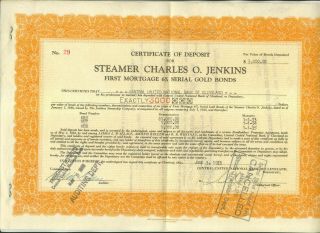 1933 Steamer Charles O Jenkins Jenkins Steamship Co Certificate Of Deposit