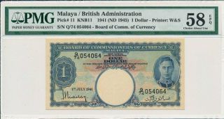 Board Of Comm.  Of Currency Malaya $1 1941 S/no 054064 Pmg 58epq