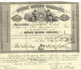 Quincy Mining Company (of Michigan), .  1859 Common Stock Certificate