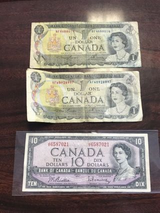 Canada 10 Dollars 1954 & (2) 1973 1 Dollar