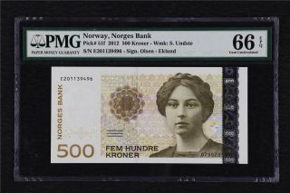 2012 Norway Norges Bank 500 Kroner Pick 51f Pmg 66 Epq Gem Unc