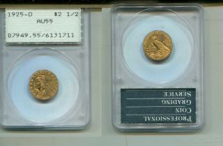 1925 D $2 1/2 Indian Head Gold Coin Pcgs Rattler Au55 4245m