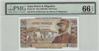 Saint Pierre & Miquelon Nd (1950 - 60) P - 24 Pmg Gem Unc 66 Epq 20 Francs