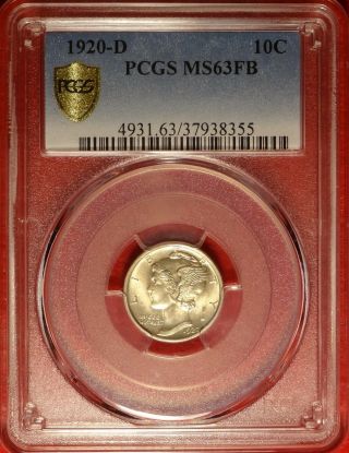 1920 - D 10c Pcgs Ms 63 Fb Choice Uncirculated Full Bands Denver Mercury Dime Coin