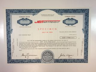 Ca.  Jet Air Freight,  1972 Odd Shrs Common Stock Specimen Certificate,  Xf Fbnc