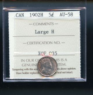 1902 H Large H Canada Silver 5 Cents Iccs Certified Au58 Dcd74