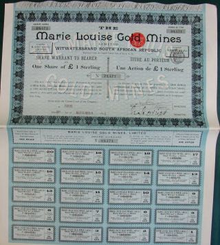 African 1895 South Witwatersrand £1 Marie Louise Gold Mines Coupons Unc Bond