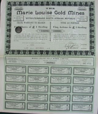 African 1895 South Witwatersrand £1 Marie Louise Gold Mines Bond 5 Shares Coups