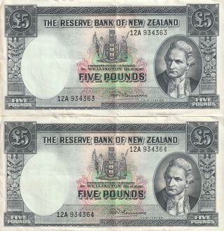 Zealand 5 Pounds Fleming Consecutive Banknote Pair P.  160d Very Fine